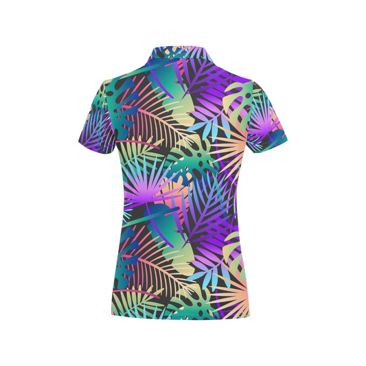Neon Flower Tropical Palm Leaves Women's Polo Shirt