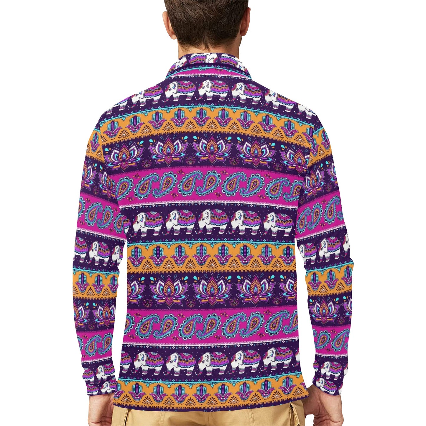 Boho Indian Style Pattern Long Sleeve Polo Shirt For Men's