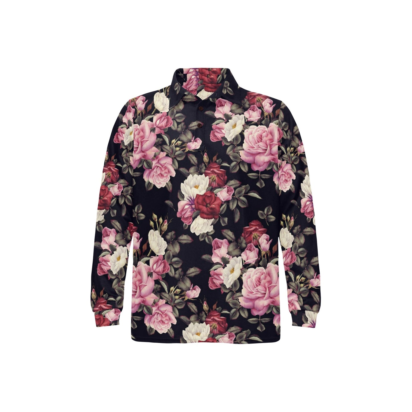 Rose Pattern Long Sleeve Polo Shirt For Men's