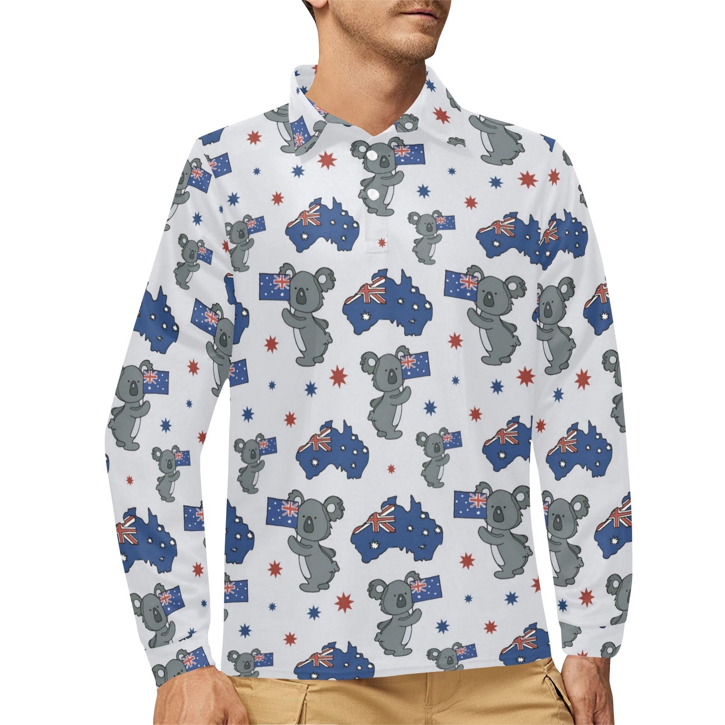 Koala Australia Day Themed Design Long Sleeve Polo Shirt For Men's