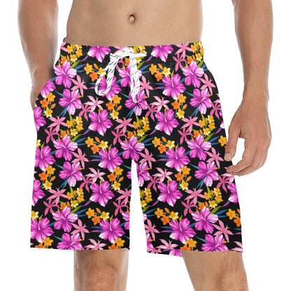 Tropical Folower Pink Hibiscus Print Men's Swim Trunks Beach Shorts