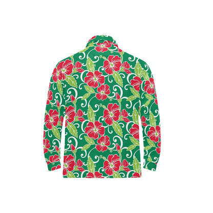 Red Hibiscus Pattern Print Design HB019 Long Sleeve Polo Shirt For Men's