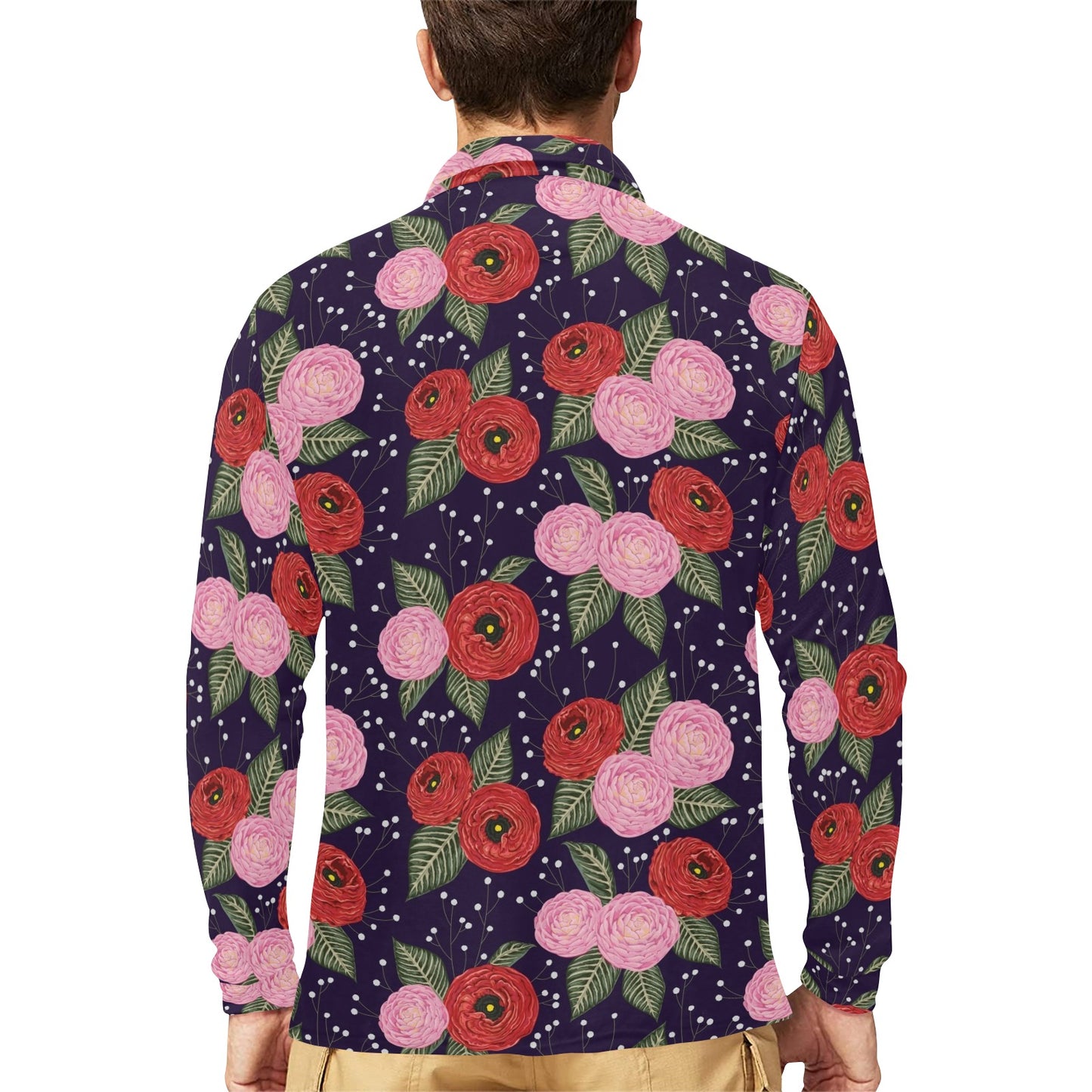 Camellia Pattern Print Design CM02 Long Sleeve Polo Shirt For Men's