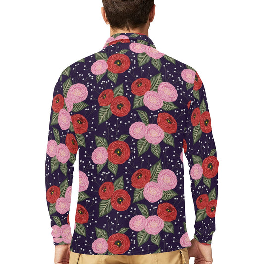Camellia Pattern Print Design CM02 Long Sleeve Polo Shirt For Men's