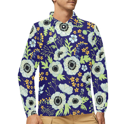 Anemone Pattern Print Design AM06 Long Sleeve Polo Shirt For Men's