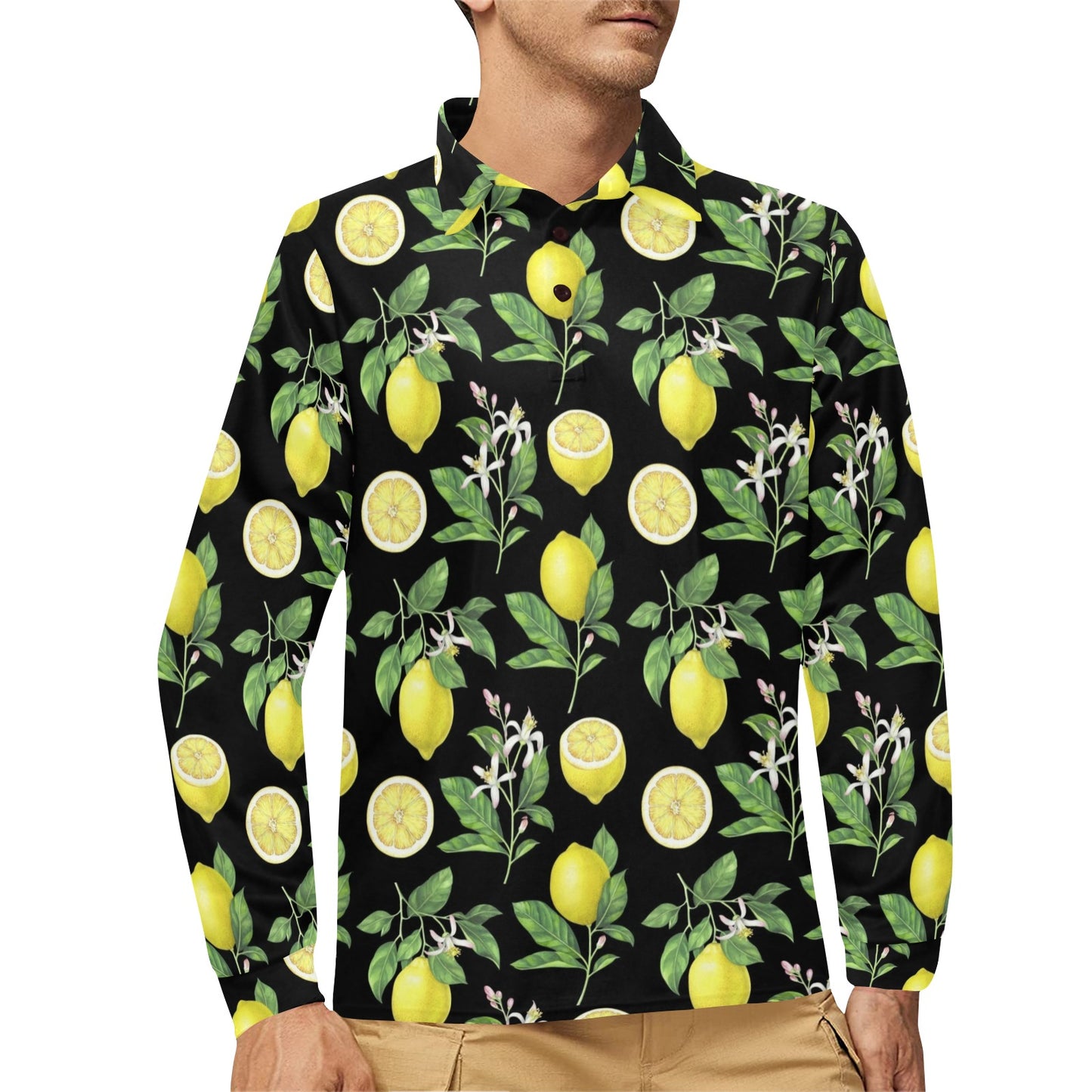 Lemon Pattern Print Design LM02 Long Sleeve Polo Shirt For Men's