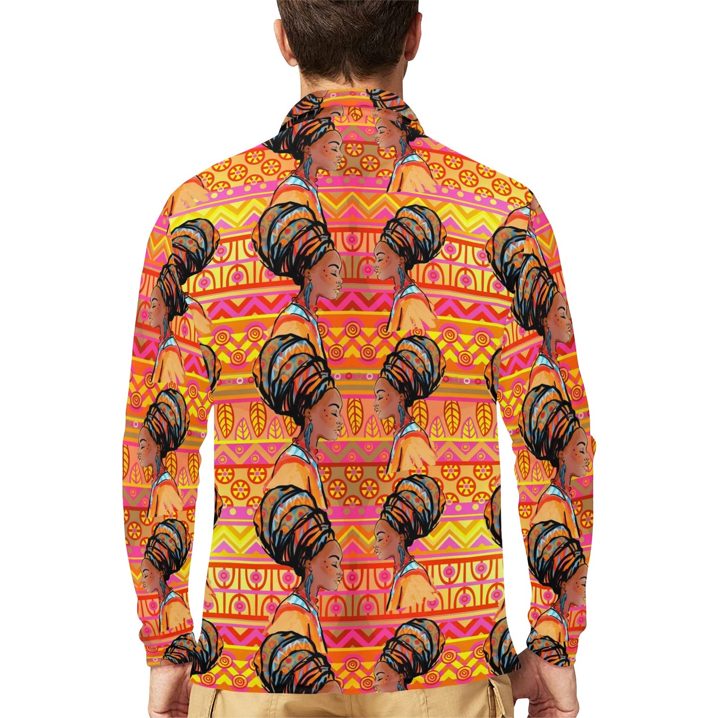 African Girl Aztec Long Sleeve Polo Shirt For Men's