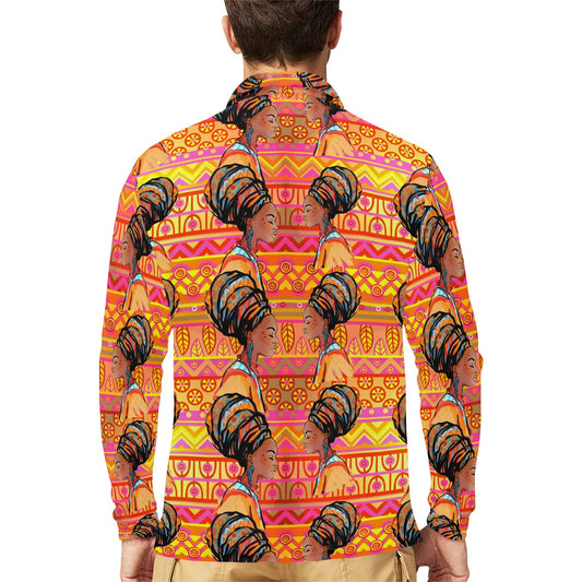 African Girl Aztec Long Sleeve Polo Shirt For Men's