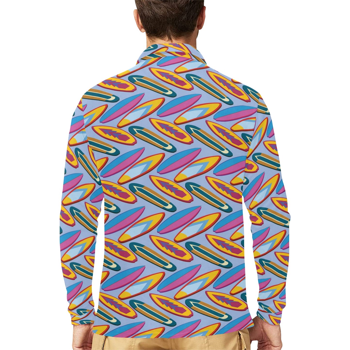 Surfboard Pattern Print Design LKS303 Long Sleeve Polo Shirt For Men's
