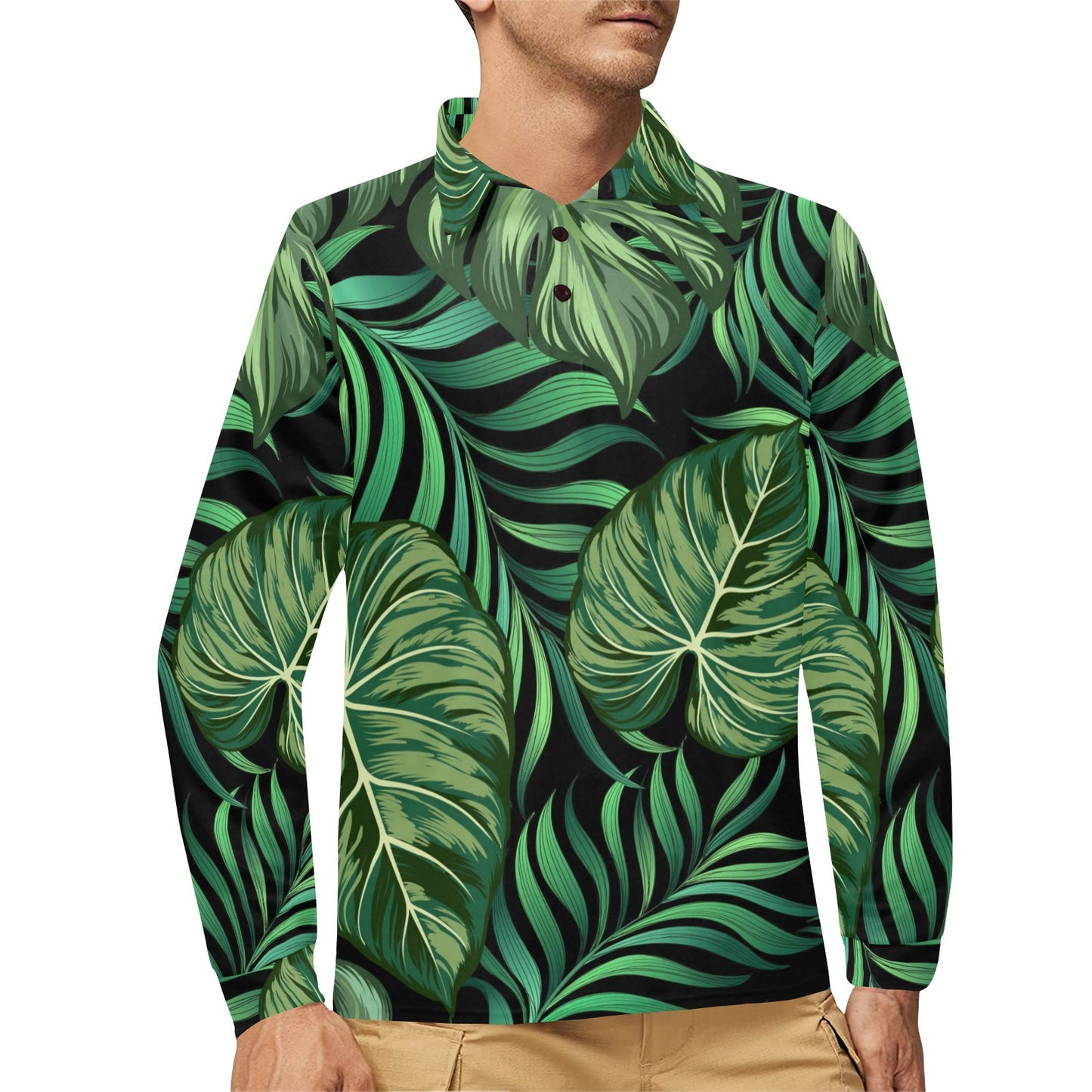 Green Fresh Tropical Palm Leaves Long Sleeve Polo Shirt For Men's