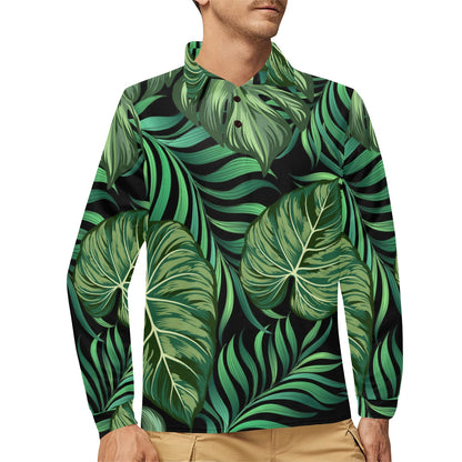 Green Fresh Tropical Palm Leaves Long Sleeve Polo Shirt For Men's