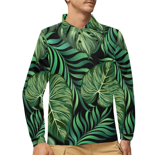 Green Fresh Tropical Palm Leaves Long Sleeve Polo Shirt For Men's