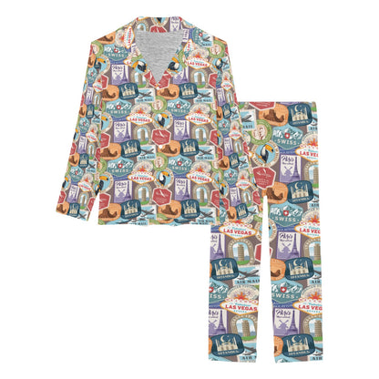 Travel Stamp Print Design LKS301 Women's Long Pajama Set
