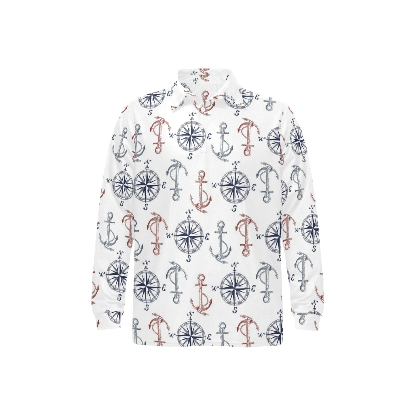 Anchor Pattern Print Design 06 Long Sleeve Polo Shirt For Men's