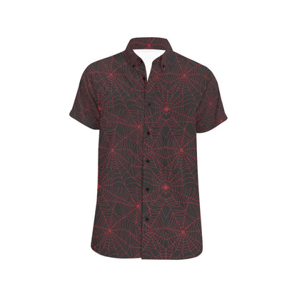 Spider Web Red Print Design LKS302 Men Short Sleeve Button Up Shirt