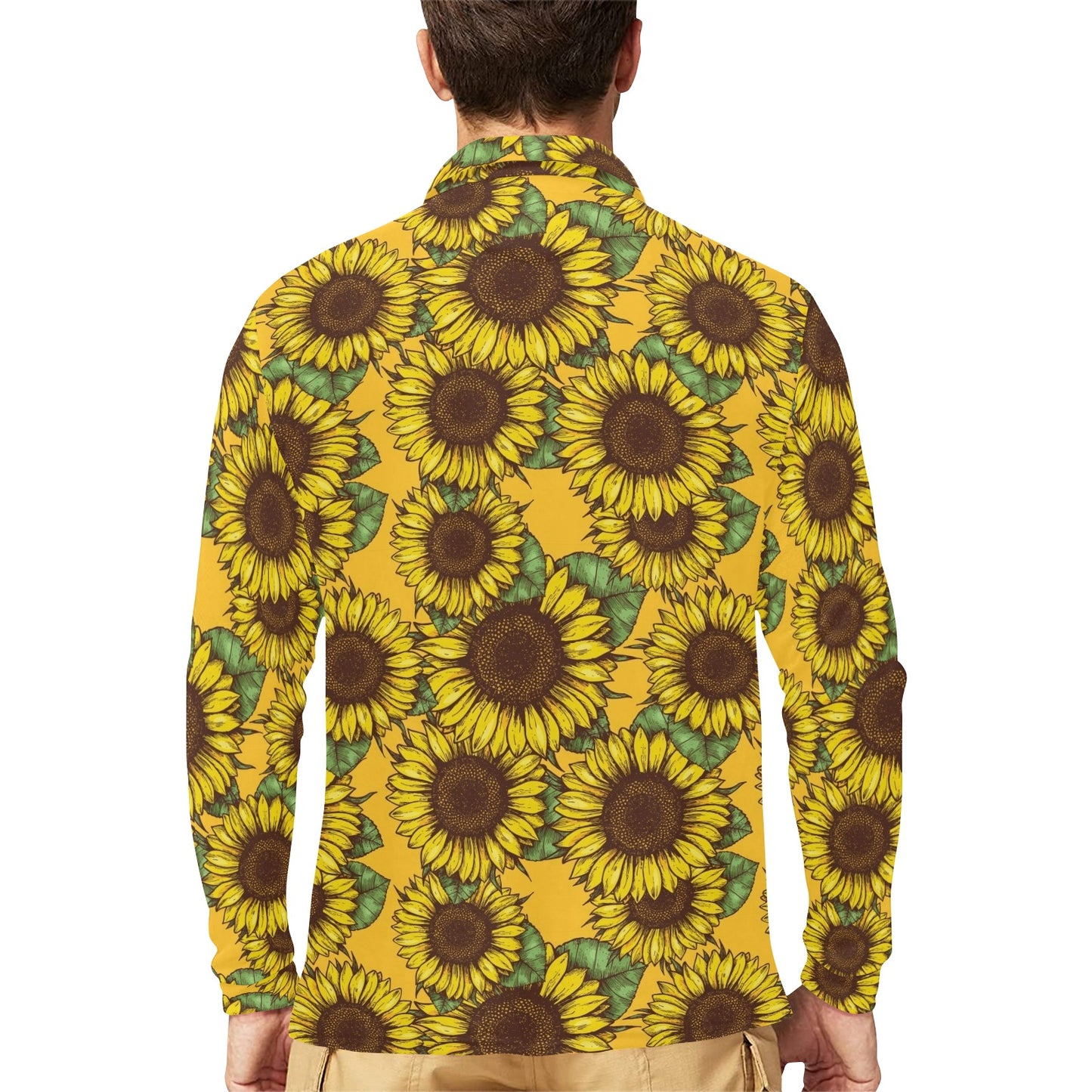 Sunflower Pattern Print Design SF04 Long Sleeve Polo Shirt For Men's