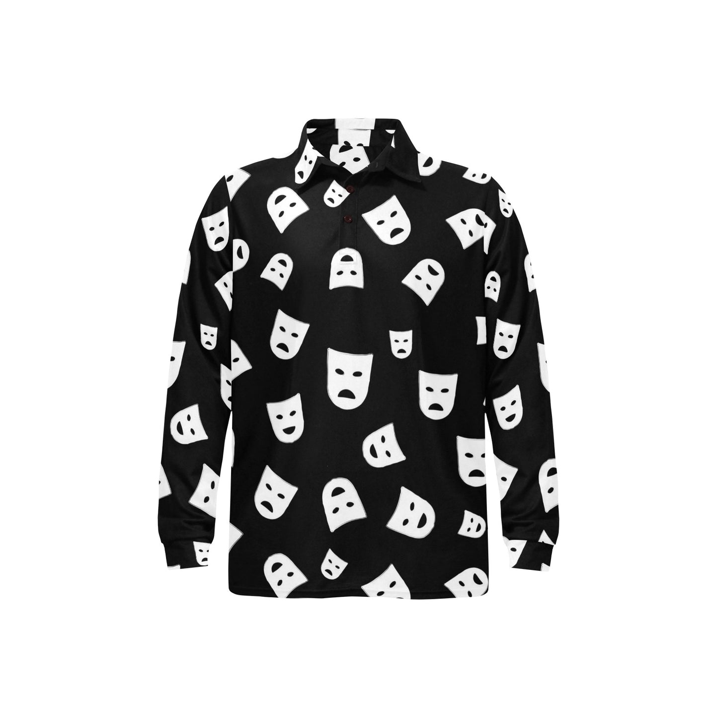 Acting Mask Pattern Print Design 03 Long Sleeve Polo Shirt For Men's