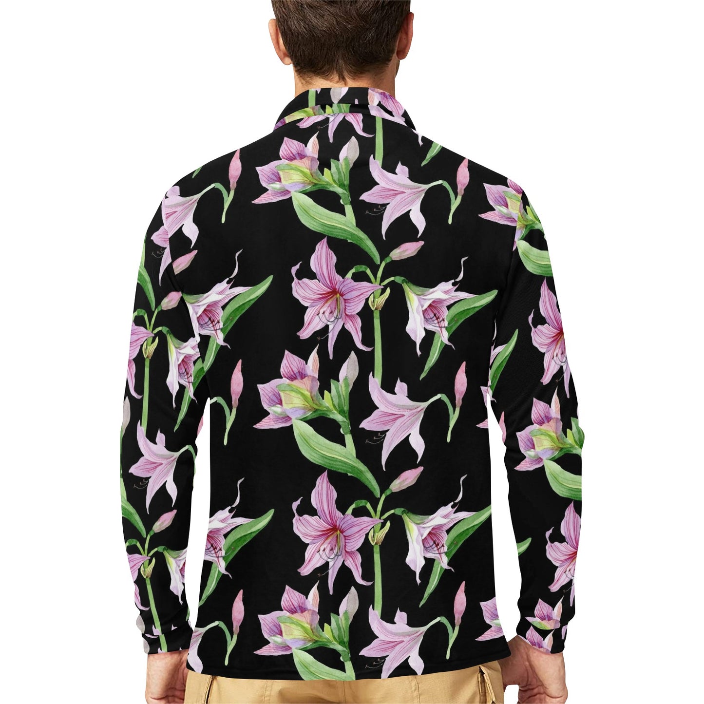 Amaryllis Pattern Print Design AL08 Long Sleeve Polo Shirt For Men's