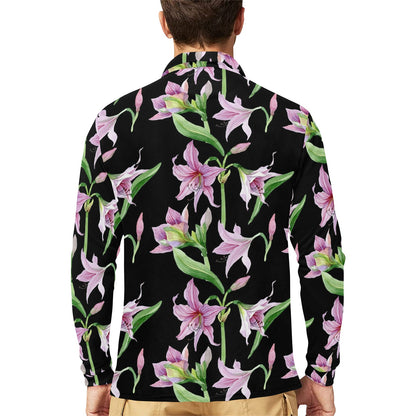 Amaryllis Pattern Print Design AL08 Long Sleeve Polo Shirt For Men's