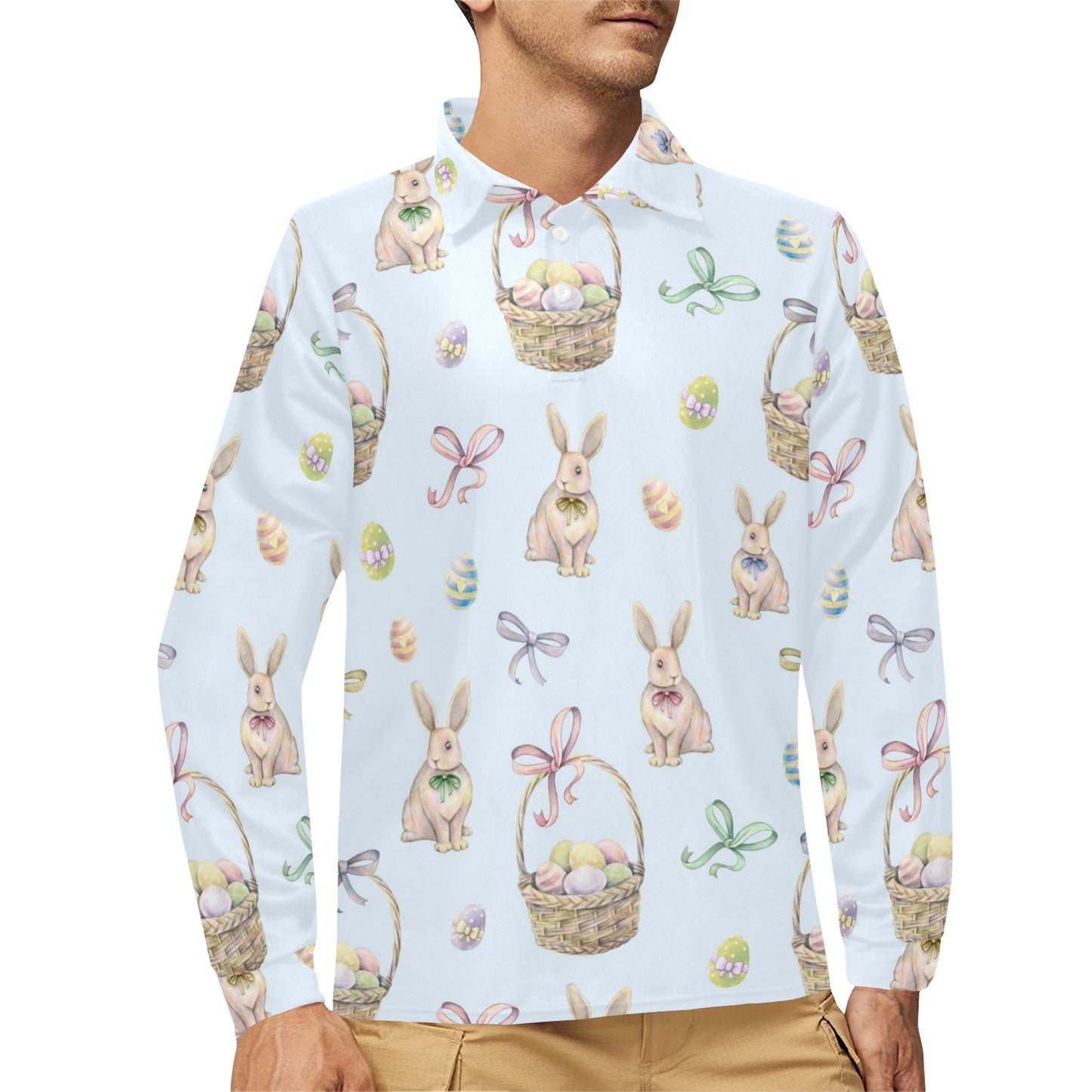 Rabbit Easter Eggs Pattern Print Design 03 Long Sleeve Polo Shirt For Men's