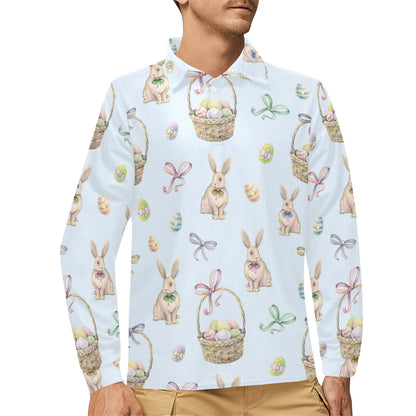 Rabbit Easter Eggs Pattern Print Design 03 Long Sleeve Polo Shirt For Men's