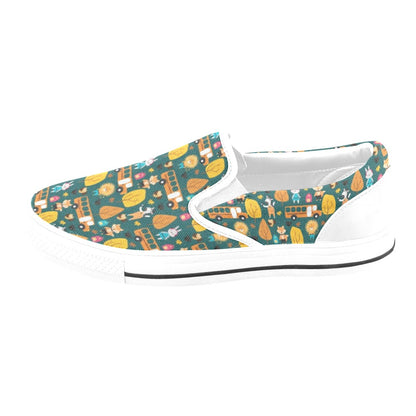 School Bus Print Design LKS309 White Slip Ons Canvas Women's Shoes
