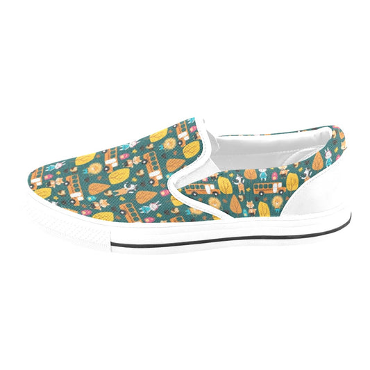 School Bus Print Design LKS309 White Slip Ons Canvas Women's Shoes