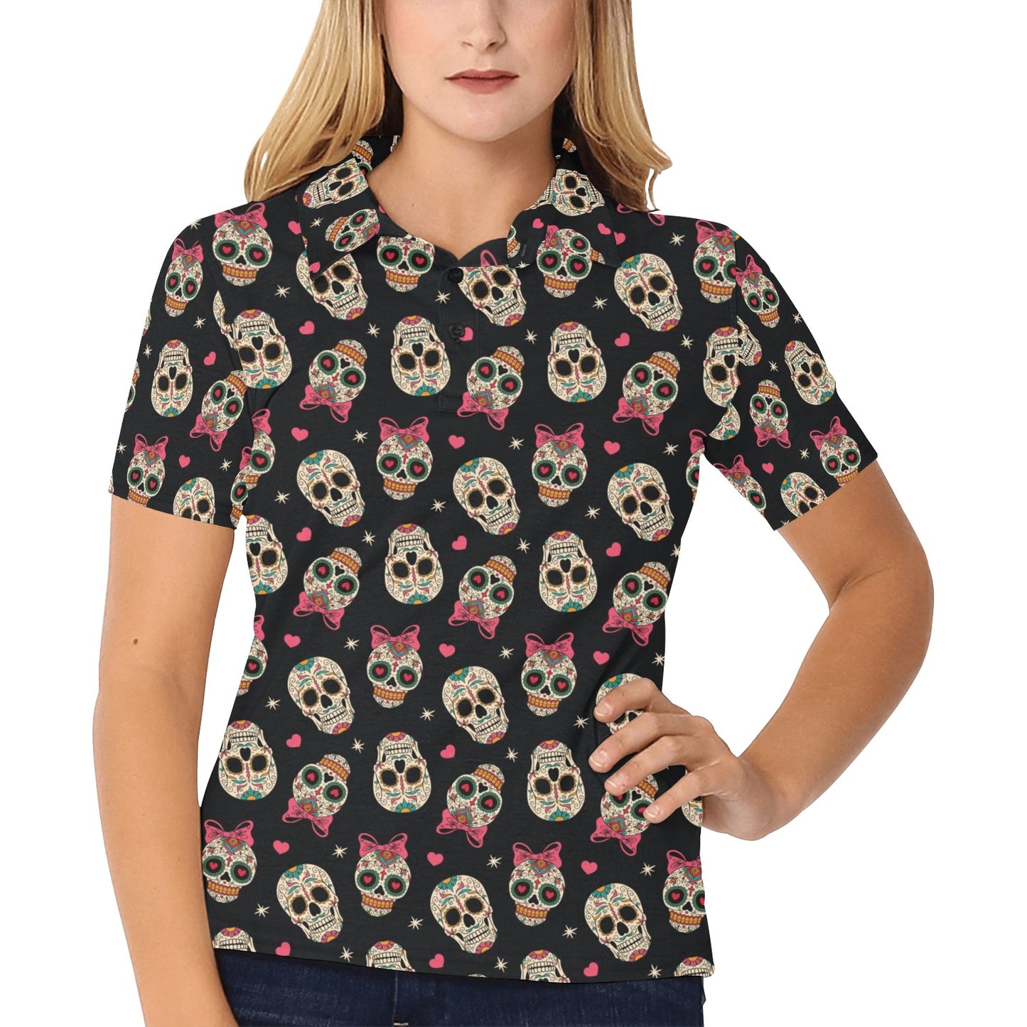 Sugar Skull Pink Bow Themed Print Women's Polo Shirt