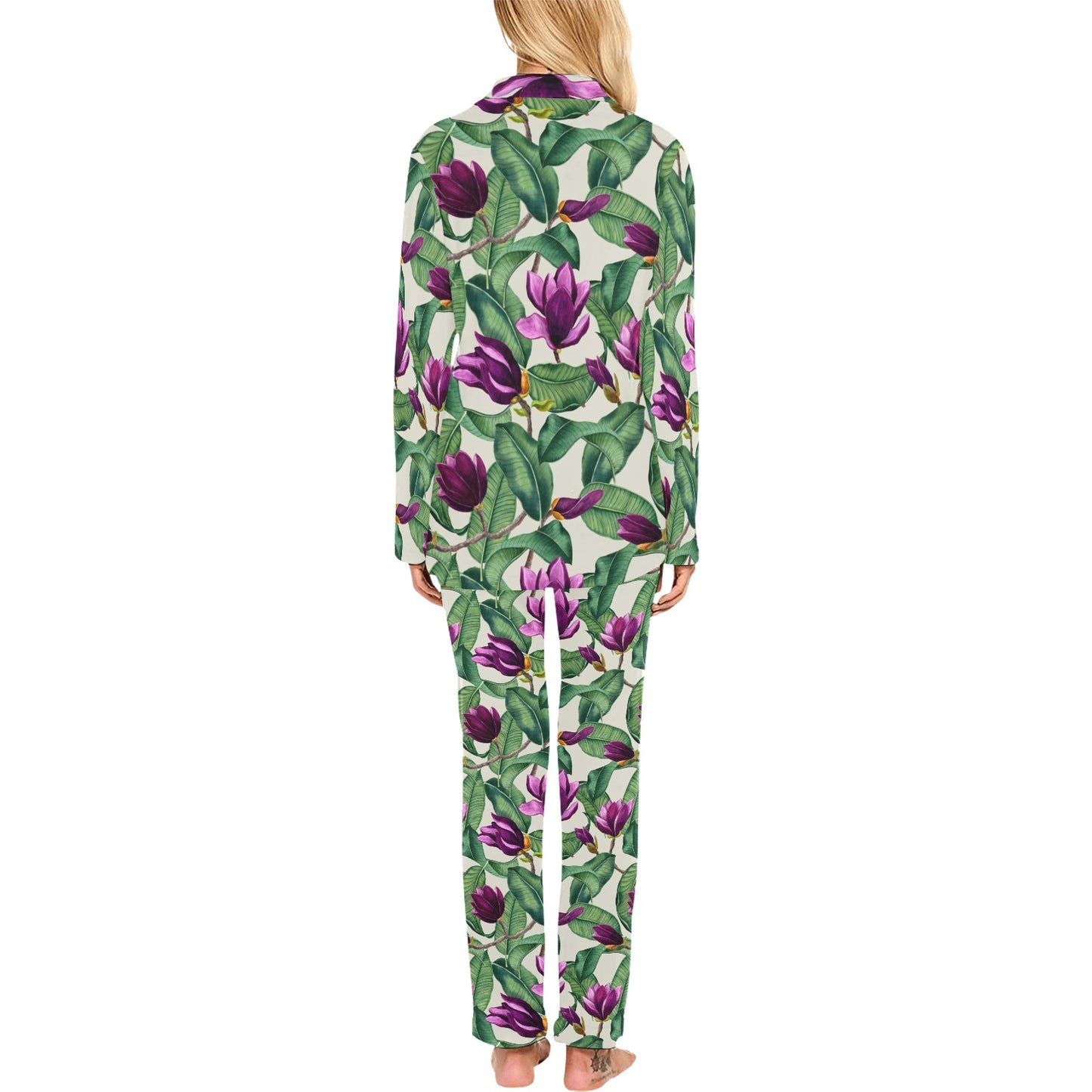 Magnolia Pattern Print Design MAG07 Women's Long Pajama Set