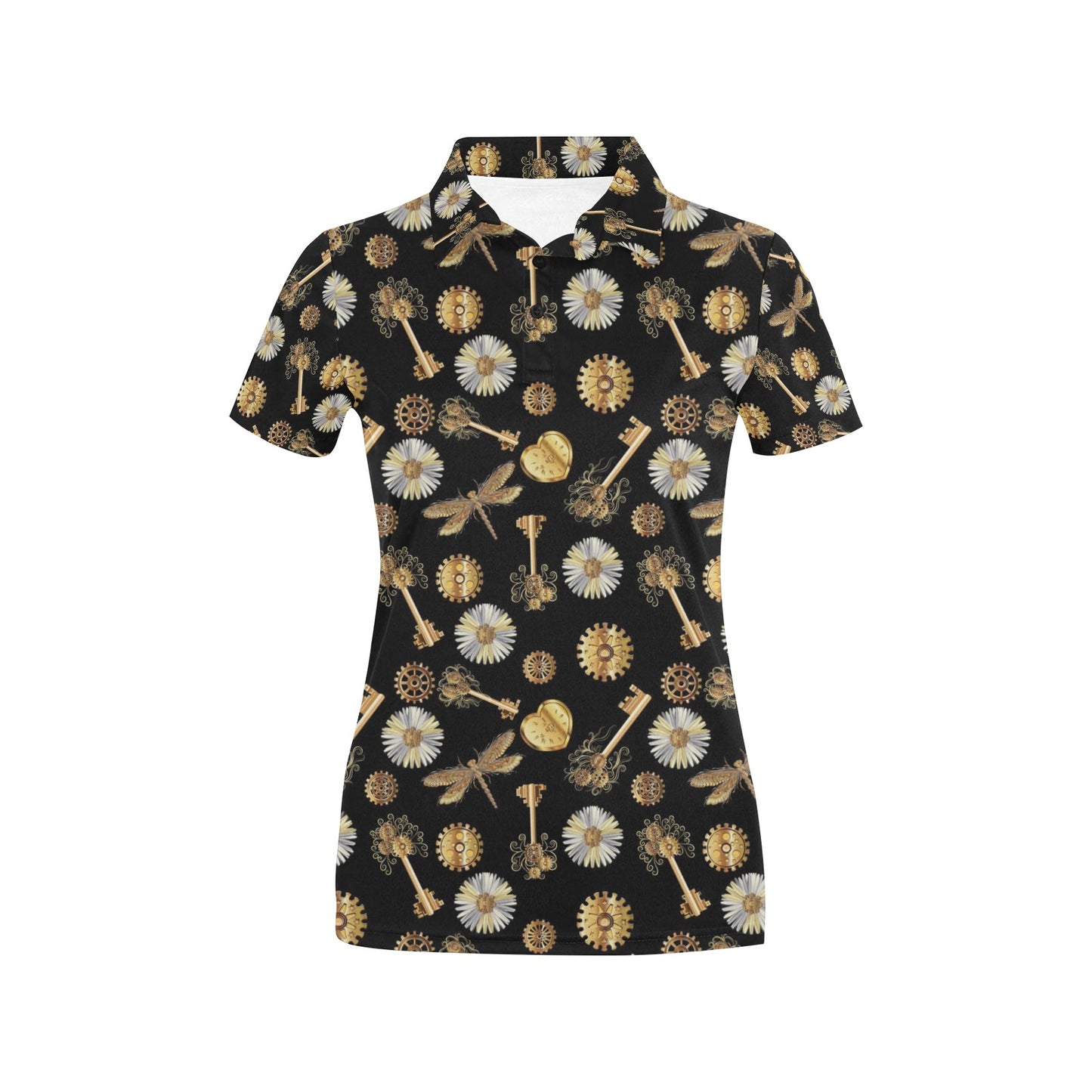 Steampunk Dragonfly Design Themed Print Women's Polo Shirt