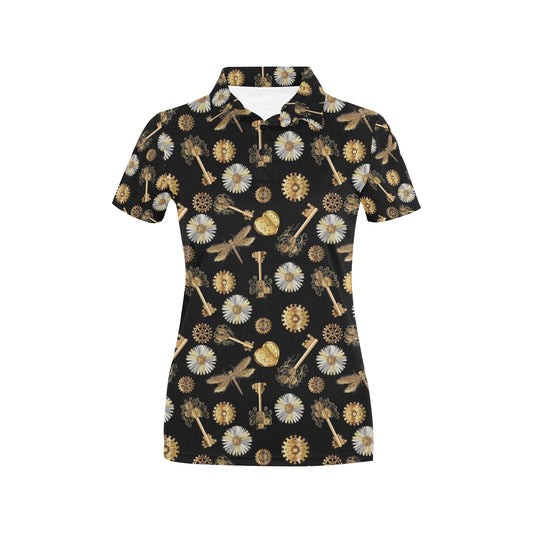 Steampunk Dragonfly Design Themed Print Women's Polo Shirt