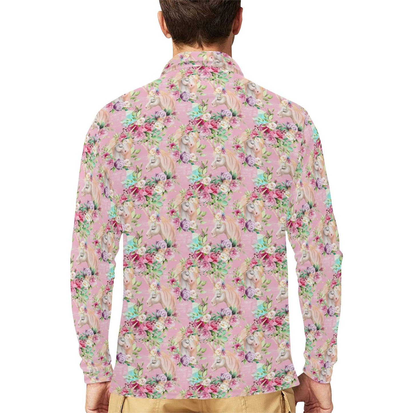 Unicorn Princess with Rose Long Sleeve Polo Shirt For Men's