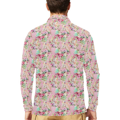 Unicorn Princess with Rose Long Sleeve Polo Shirt For Men's