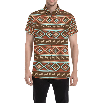 Western Horse Pattern Print LKS301 Men Short Sleeve Button Up Shirt