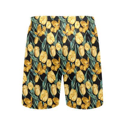 Elegant Yellow Tulip Print Men's Swim Trunks Beach Shorts