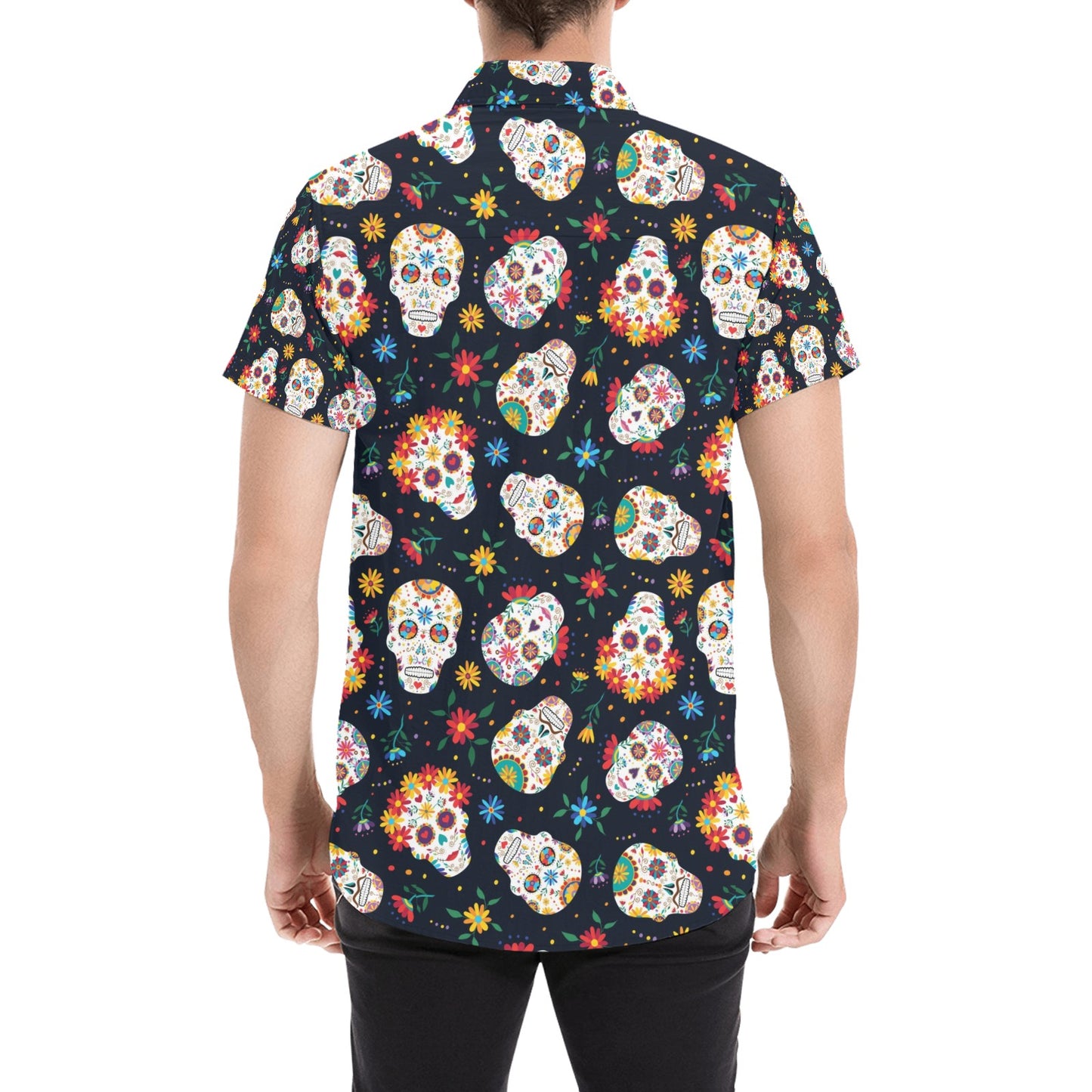 Sugar Skull Print Design LKS305 Men Short Sleeve Button Up Shirt