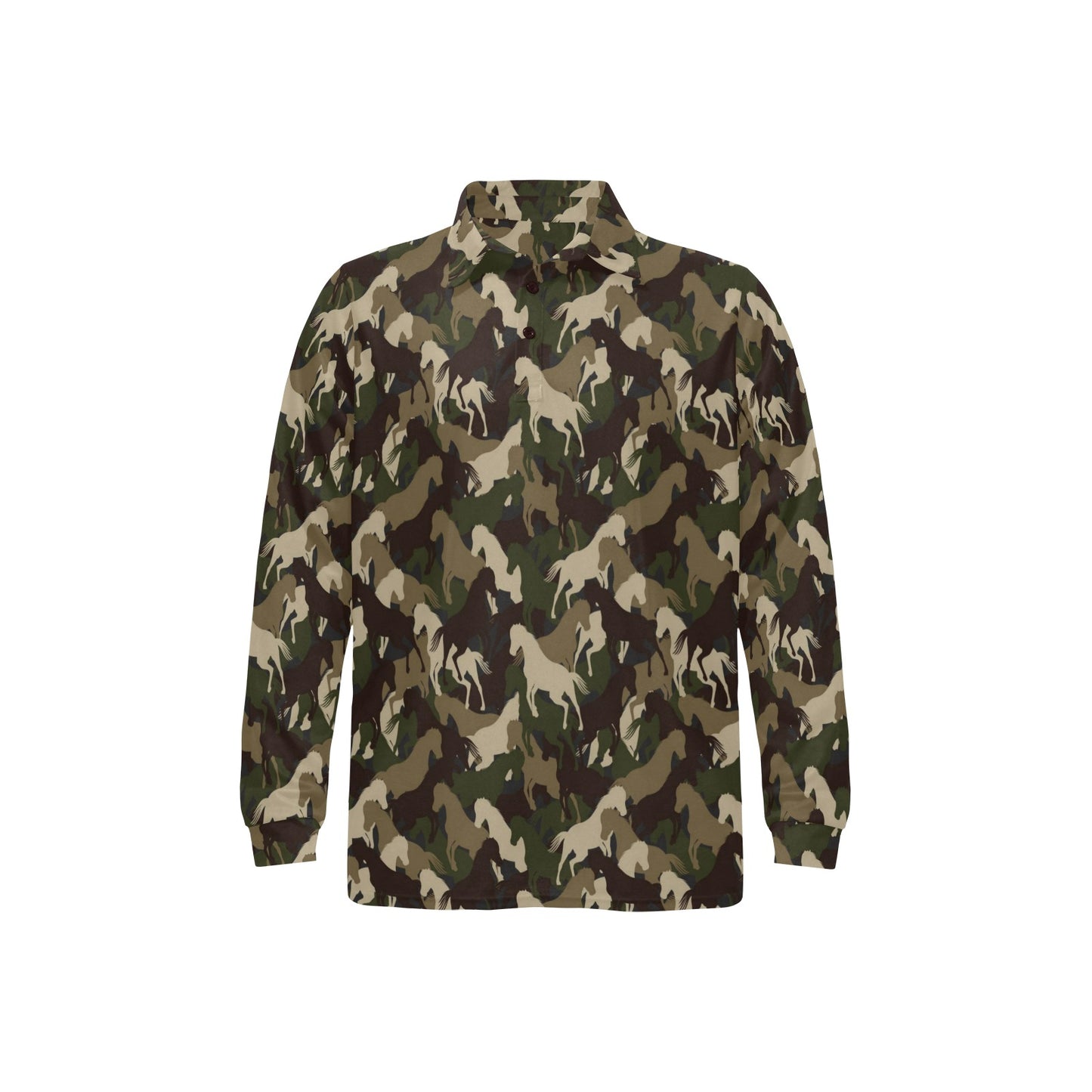Horse Camo Themed Design Print Long Sleeve Polo Shirt For Men's