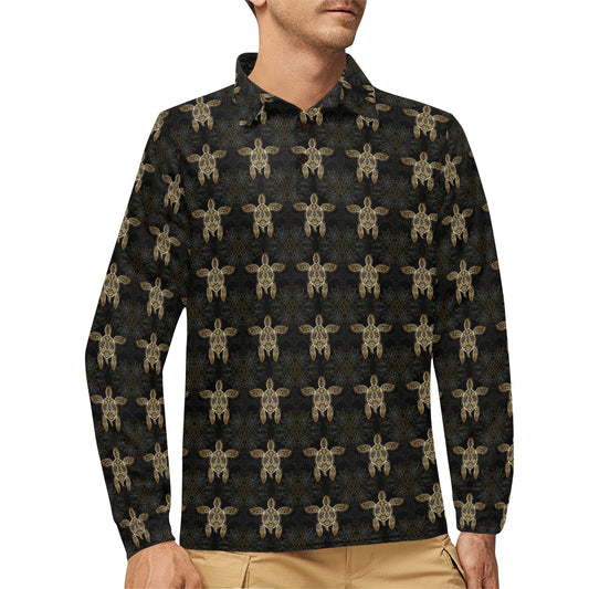 Gold Tribal Turtle Polynesian Design Long Sleeve Polo Shirt For Men's