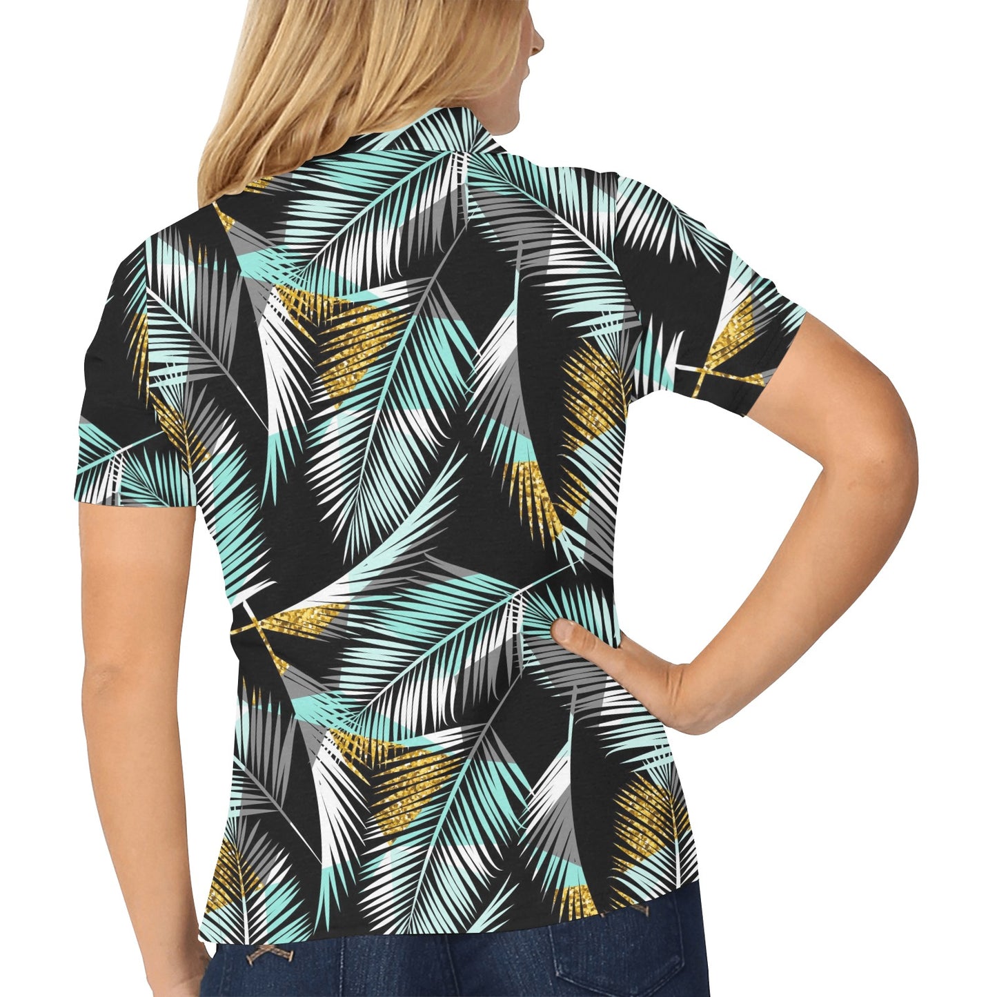 Gold Glitter Cyan Tropical Palm Leaves Women's Polo Shirt