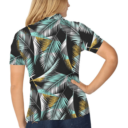 Gold Glitter Cyan Tropical Palm Leaves Women's Polo Shirt