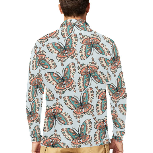 Butterfly Pattern Long Sleeve Polo Shirt For Men's