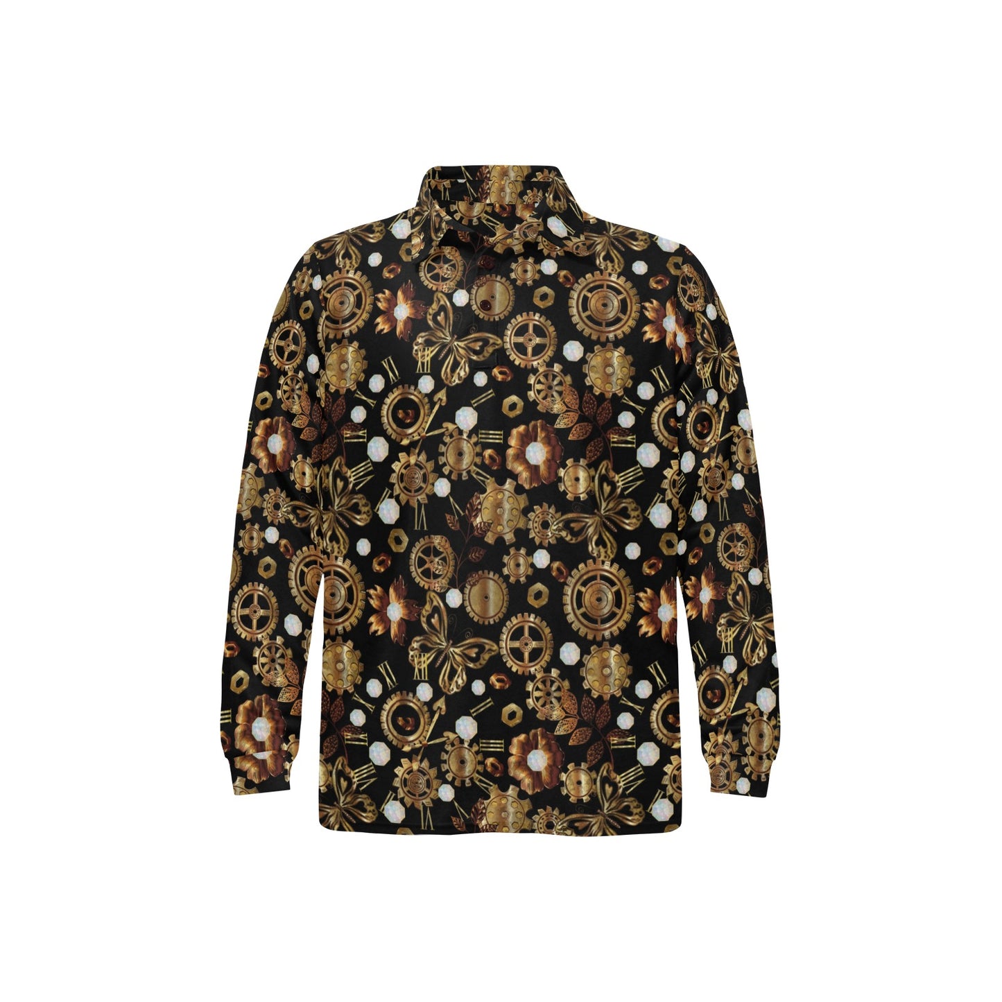 Steampunk Butterfly Design Themed Print Long Sleeve Polo Shirt For Men's
