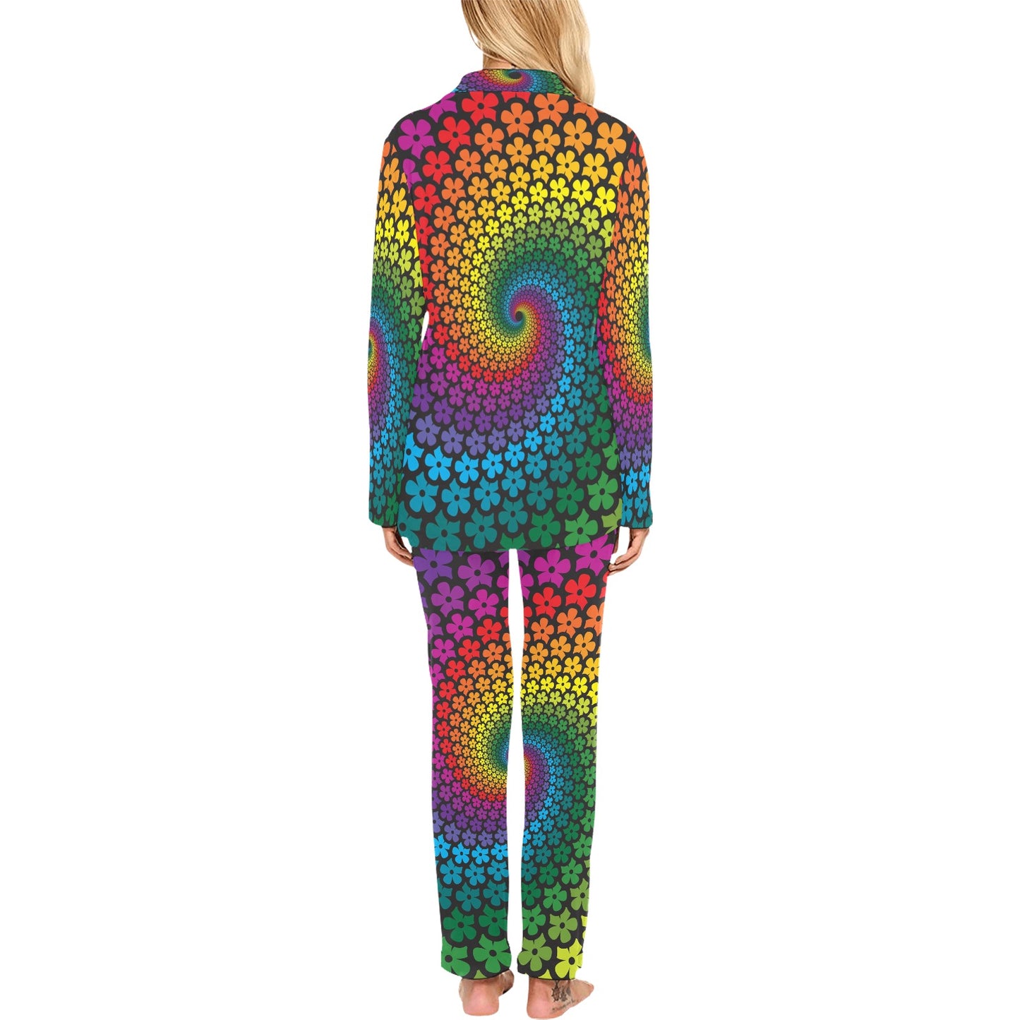 Flower Power Rainbow Spiral Print Women's Long Pajama Set