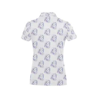 Wolf with Flower Print Design Women's Polo Shirt