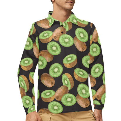 Kiwi Pattern Print Design KW03 Long Sleeve Polo Shirt For Men's