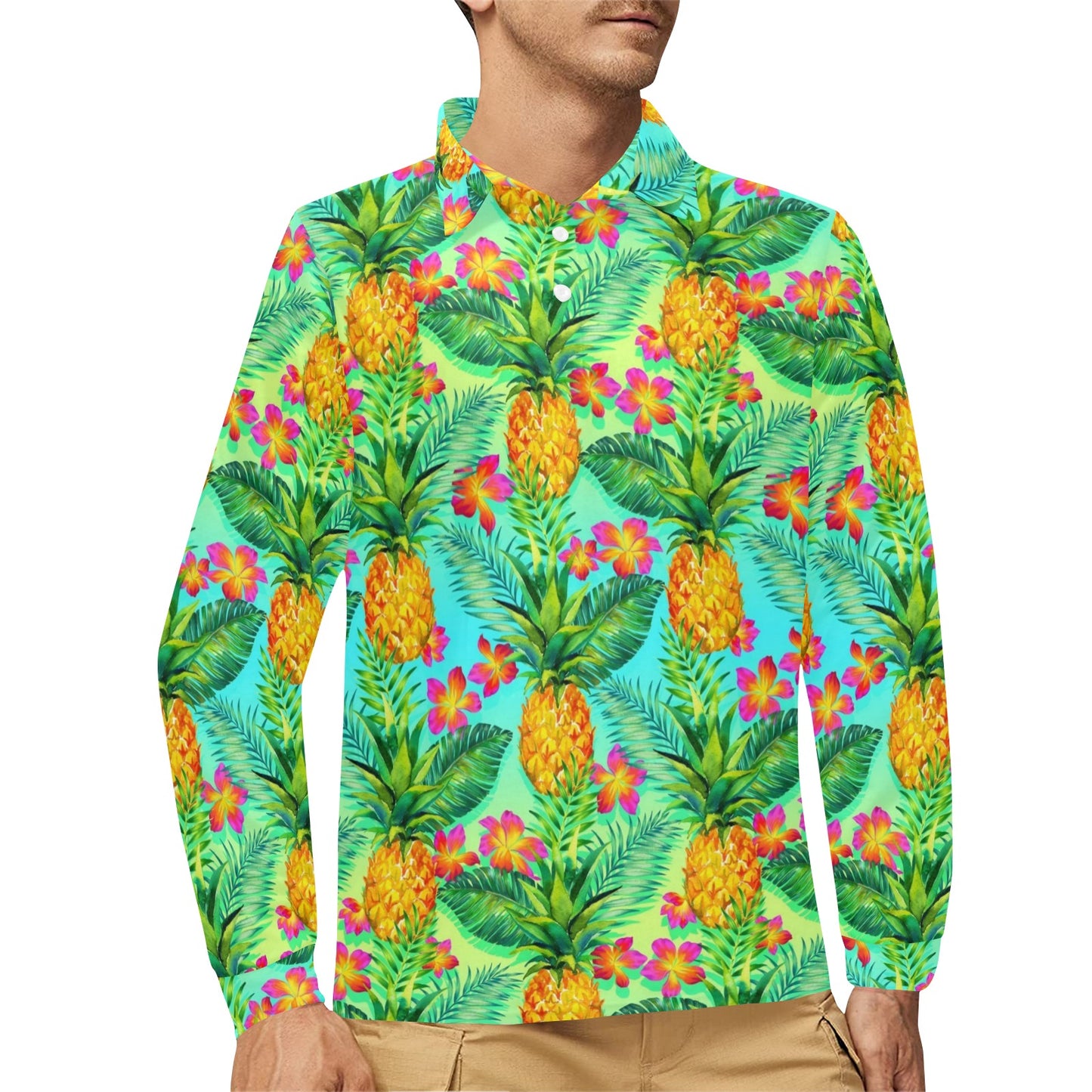 Pineapple Pattern Print Design PP010 Long Sleeve Polo Shirt For Men's
