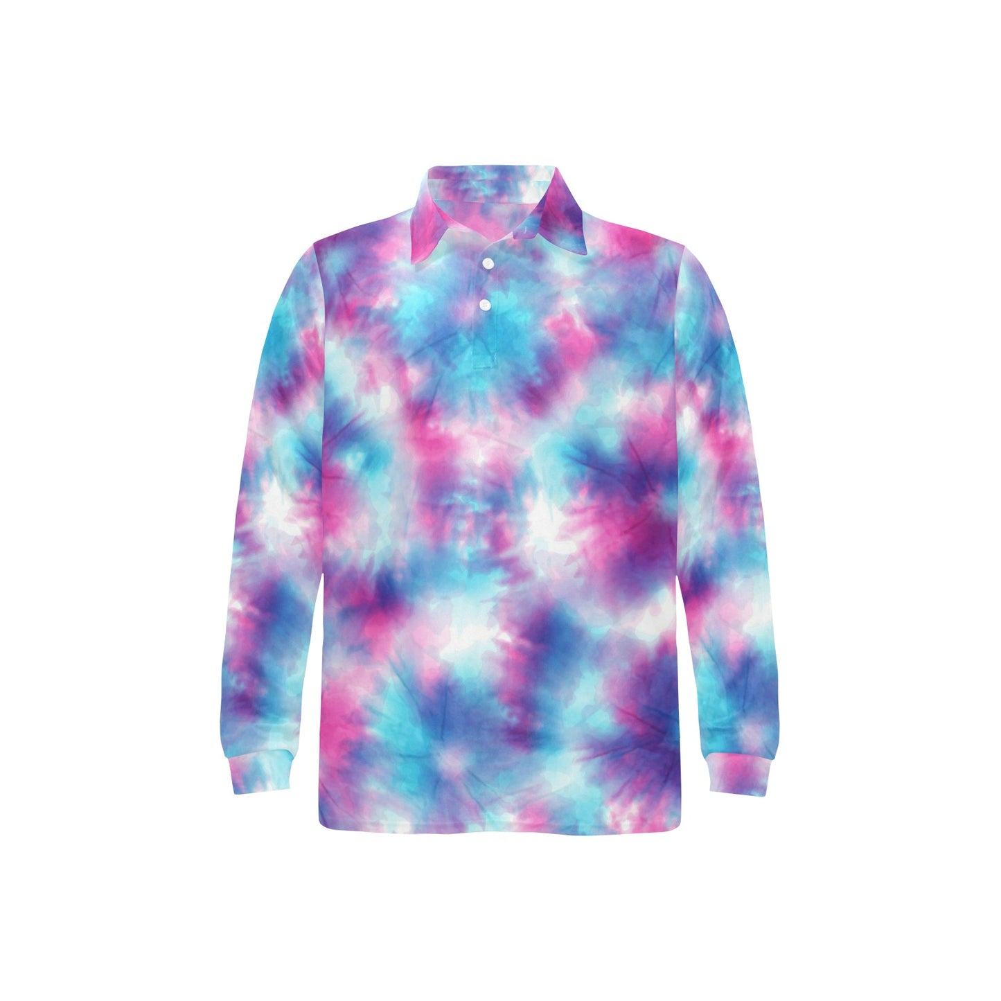 Tie Dye Blue Pink Long Sleeve Polo Shirt For Men's