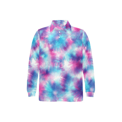 Tie Dye Blue Pink Long Sleeve Polo Shirt For Men's