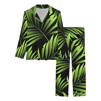 Green Neon Tropical Palm Leaves Women's Long Pajama Set