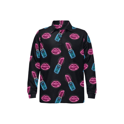 Lipstick Color Neon Pattern Print Design 03 Long Sleeve Polo Shirt For Men's